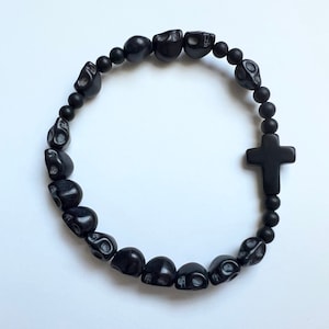 Momento Mori Rosary Bracelet Black-Day of the Dead Rosary Bracelet-Stretch-Single Decade-Christian Gift-Gfit for Her-Gift for Him