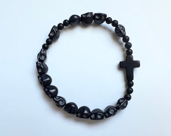 Momento Mori Rosary Bracelet Black-Day of the Dead Rosary Bracelet-Stretch-Single Decade-Christian Gift-Gfit for Her-Gift for Him