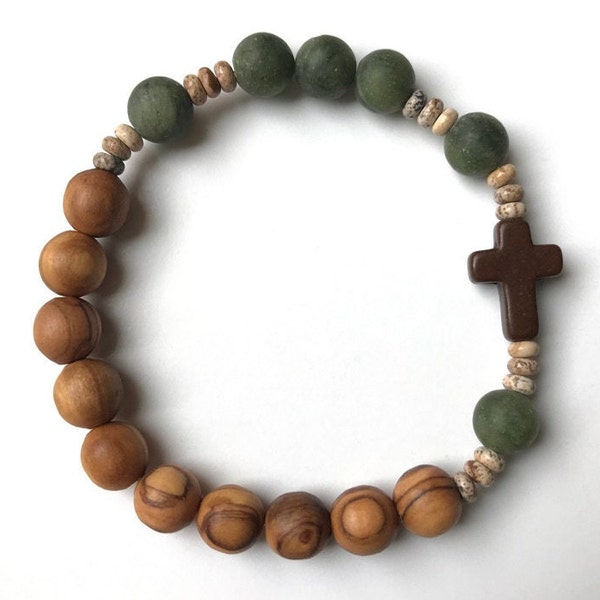 Rosary Bracelet — Holy Land Olive Wood and Jade — Single Decade — Stretch — Catholic Gifts — Gift for Him — Gift for Her — Catholic Rosary