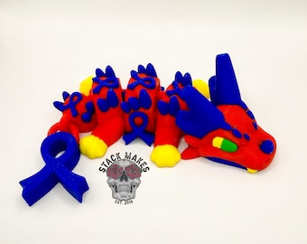 Autism Awareness Articulated Dragon | Sensory Fidget Dragon | 3D Printed Rainbow Dragon | Neurodiversity Gift | Autism Support Ribbon Dragon