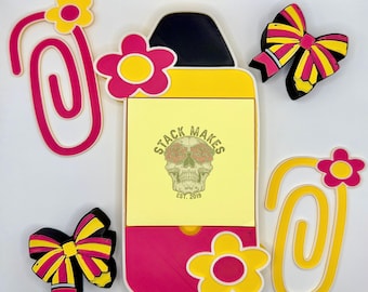 Teacher Desk Bundle – Sticky Note Holder, 2 Jumbo Paper Clips, & Matching Straw Topper | Fun Teacher Gift | Classroom Decor | Appreciation