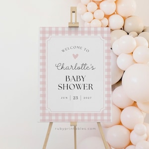 Rosa Gingham-Babyparty-Willkommensschild, Willkommensschild editierbare Vorlage, Babypartydekor, Baby Sprinkle, modern minimalistisch