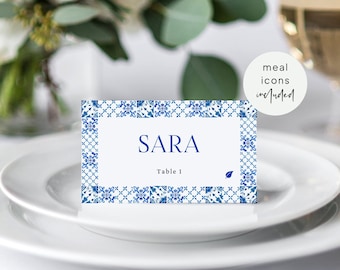 Mediterranean Boho Blue Place Card Template, Food Labels Cards, Shower/Wedding/Bday Meal Icon Buffet, Editable Name Card, Z4