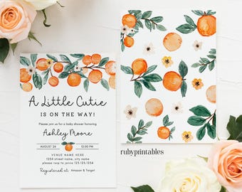 A Little Cutie Invitation, Orange Citrus Baby Shower Invite (Editable Canva Template, Digital Download)