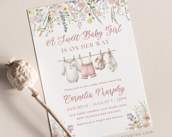Wild Flower Baby Shower Invitation: Sweet Baby Girl Clothesline (Editable Canva Templates)