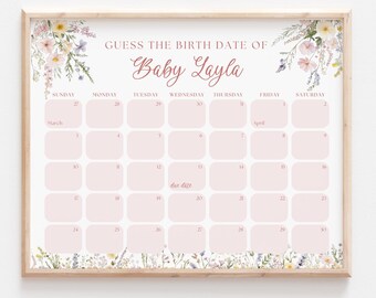 Wild Flower Baby Shower Due Date Calendar Game Sign (Editable Canva Template, Digital Download)