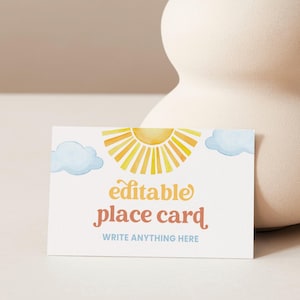 Modèle de marque-place modifiable, étiquette de buffet de nourriture, carte de visite, premier voyage autour du soleil, modèle de toile, soleil, nuage, soleil bohème