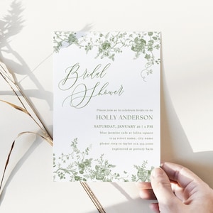 Editable Victorian Bridal Shower Invitation, Sage Green, Toile de Jouy, Vintage Floral, Greenery Invite Template