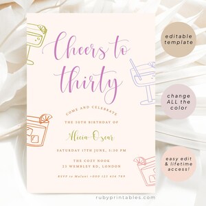 Thirty Birthday Party Invitation, Editable Template, Adult Bday Invite, Whimsy Handdrawn Doodle Drink, Modern Quirky Funky E-Invite, BA22