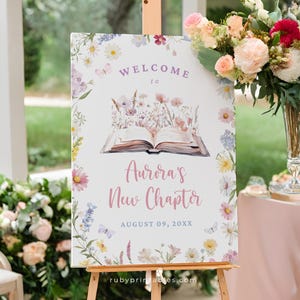Cartello di benvenuto al nuovo capitolo, modello modificabile per poster di benvenuto con libro di fiabe, fiori di campo, tema libro, modello Canva, per qualsiasi evento