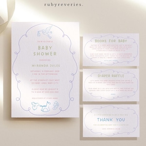 Baby Shower Invitation Whimsical Suite Bundle, Hand Drawn Invite Wavy Frame Editable Baby Brunch, Books for Baby, Diaper Raffle Template, Y5