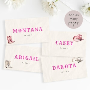 Platzkarte Cowgirls Party editierbare Vorlage, Western Rodeo Geburtstagsparty faltbare Tischkarten, Namenskarten Pink Cowgirl Disco Ball Party, BA40