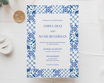 Editable Wedding Invitation Template, Blue Watercolor Mediterranean Tile, Traditional Classic, Destination Wedding, Edit on Canva, Z4