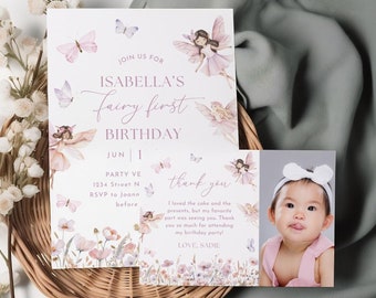 Editable Fairy First Birthday Invitation, Butterfly Birthday Invite Template, Fae Kingdom, Enchanted Forest, Whimsical Wildflower Garden