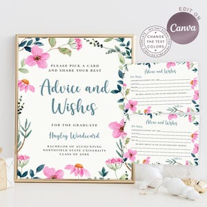 Abitur-Rat und Wünsche für graduierte druckbare VORLAGE Graduierung Geschenk-Beratungs-Karten Graduierten-Party-Zeichen-Wort-Weisheit, rosa Blume G12