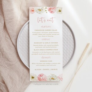 Plantilla de menú de boda, menú de cena editable, flores rosas, peonías rosa ruborizadas, rosas rosas, flores silvestres, ¡a comer!, ¡festín!