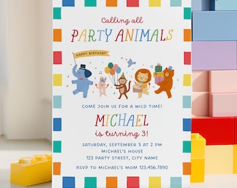 Party Animals First Birthday Invitation Kids (Editable Canva Template, Digital Download)