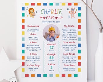 Party Animals First Birthday Milestone Board Sign Kids (Editable Canva Template, Digital Download)