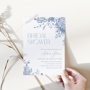 Victorian Bridal Shower Invitation Template, Toile de Jouy, Vintage Blue Floral Invite, Editable Template, Wedding Shower, Royal Themed