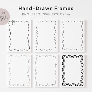 May include: Set of six black and white hand-drawn frames with wavy and curly lines. The frames are fully editable and can be used in PNG, JPEG, SVG, EPS, and Canva formats.