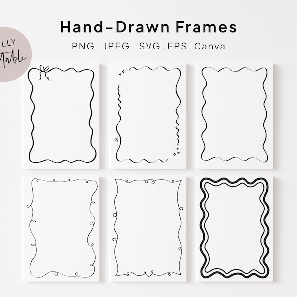 Hand Drawn Frame Wavy Scalloped Border SVG PNG JPEG, Drawing Curly Scribble Canva, Whimsy Invitation 5x7 Template, Wave Scallop Edge H1