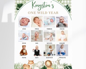 Wild One Monthly Photo Board: Safari Animals (Editable Canva Template, Digital Download)
