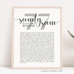Pode incluir: Impressão emoldurada com o texto "seventy seven reasons we love you" em uma fonte elegante. A impressão inclui uma lista de atributos e frases positivas. O fundo é branco suave.