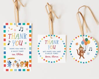 Party Animals Kids Birthday Custom Favor Thank You Tags Sticker Label (Editable Canva Template, Digital Download)