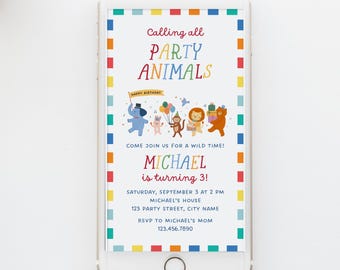 Party Animals First Birthday Electronic Invitation (Editable Canva Template, Digital Download)