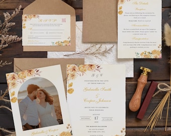 Yellow Floral Wedding Invitation Suite: Photo Invite, RSVP, Details (Digital Download)