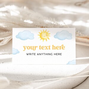 Modèle modifiable de marque-places Soleil, étiquette de produit alimentaire, aliments Buffett, cartes de visite, fête d'anniversaire, baby shower, bricolage imprimable