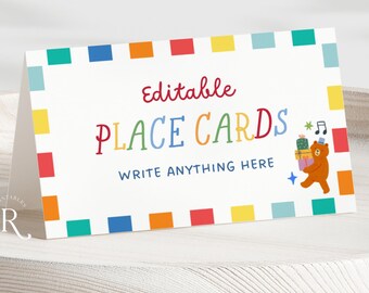Fun Rainbow Colorful Food Label: Party Animals Place Cards (Editable Canva Template, Digital Download)