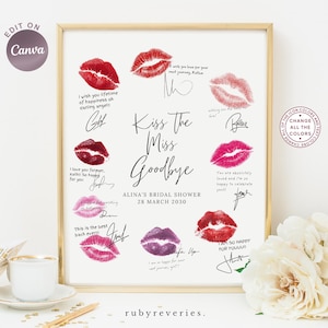 Peut inclure: Impression encadrée avec un cadre doré, ornée d'empreintes de lèvres rouges et roses. Le texte « Kiss the Miss Goodbye » est centré, avec le nom et la date de la mariée. Des signatures et des vœux entourent le texte.