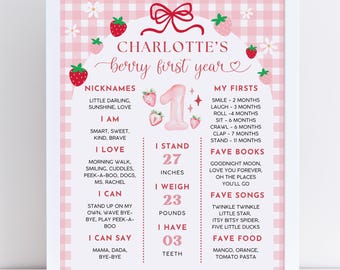 Strawberry Customizable Milestone Sign Poster: Pink Gingham, Red Bow (Canva Template, Digital Download)