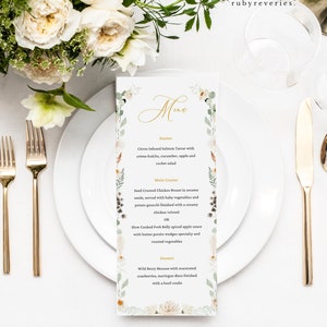 Menú editable para fiesta, plantilla de menú floral, boda moderna y elegante con flores, boda en verde, blanco y dorado, menú de cena personalizable en Canva, Z27