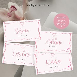 Sjabloon plaatskaarten roze strik grillige bewerkbare naamkaart, strik plaatskaart chique tafeldecor, fancy vrijgezellenfeest kippen plaatskaart golvend, C6