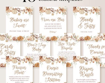 10 Editable Falling in Love Baby Shower Signs Bundle, Autumn Baby Clothesline (Canva Templates)