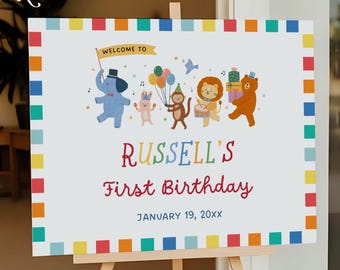 Editable Party Animals Kids Birthday Welcome Sign (Canva Template, Digital Download)