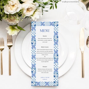 Bewerkbare menufeestsjabloon, traditioneel mediterraan Marokkaans bohoblauw, dinerkaart bruiloft, op maat gemaakte canva lunchmenu, Z4
