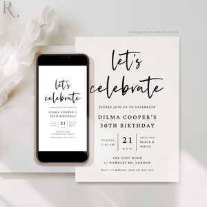 Let's Celebrate Invitation Template, Black and White Editable Surprise Birthday Party Invite, Adult Bday Dinner 30th 40th 50th, E-vite, BA30