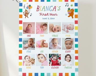Party Animals First Birthday Monthly Photo Board Sign Kids (Editable Canva Template, Digital Download)