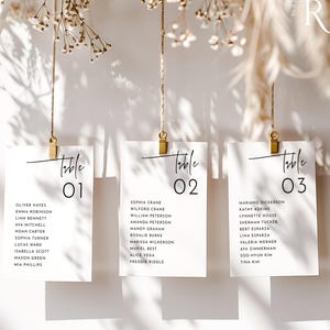 Modelo de números de mesa de casamento moderno e cartões de assentos, encontre seu assento, cartões de mapa de assentos, minimalista, edite com Canva