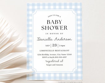 Invito per baby shower a quadretti blu, modello di invito per baby shower modificabile, brunch per bambini, Baby Sprinkle, moderno minimalista