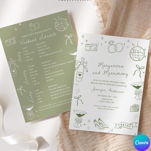 Op de afbeelding: Twee olijfgroene en witte vrijgezellenfeestuitnodigingen. Eén kaart heeft een weekendprogramma met illustraties van een camera, een champagnefles en een martiniglas. De andere kaart zegt "Margaritas and Matrimony" met evenementdetails en bruidsafbeeldingen.