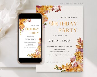 ワイルドフラワーの誕生日パーティー招待状：編集可能な花柄テンプレート（デジタルダウンロード）