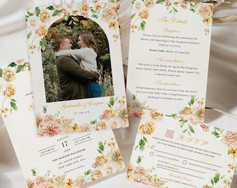 Modelo de convite de casamento floral: conjunto de fotos amarelo e rosa (download digital)