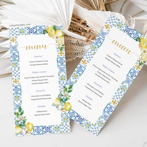 Szablon menu cytrynowy śródziemnomorski niebieski kafelkowy niestandardowy edytowalny menu karta do druku, cytrusowe menu grecki śródziemnomorski motyw natychmiastowe pobranie, S37