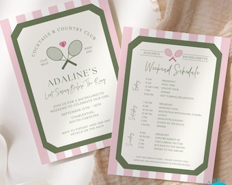 Tennis Bachelorette Invitation Template: Country Club Weekend Itinerary (Editable Canva Template)