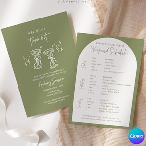 Bride in a Tini Bit Bachelorette Weekend Invitation Editable Canva Template, Cocktails Martini Bachelorette Trip Weekend Itinerary, C25