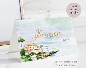 Watercolor Place Card Template, Food Labels Card, Shower/Wedding/Bday Meal Icon Buffet, Editable Name Card, Lake House Destination Party, Z6